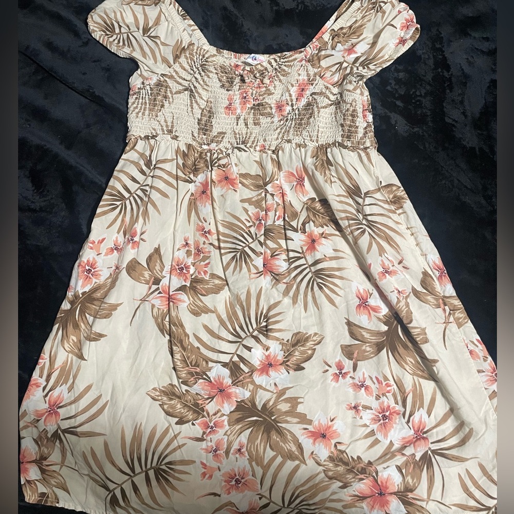 Tropical Floral Kids/Tweens Dress in Cream and Brown